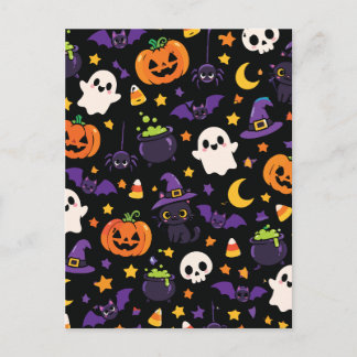 Cartão Postal Gato Preto Fofo de Halloween Bruxa Fantasma Abóbor