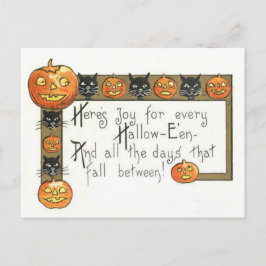 Cartão Postal Gato Preto Fofo e Sorridente Abóbora de Halloween