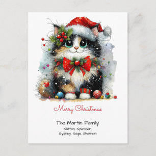 Cartão Postal Gato Preto Fofo em um Gorro de Papai Noel Merry Ch