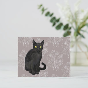 Cartão Postal gato preto fundo floral