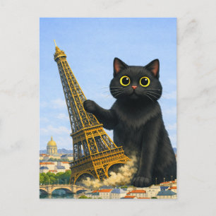 Cartão Postal Gato Preto Gigante Divertido Derruba a Torre Eiffe