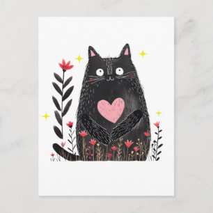 Cartão Postal Gato Preto Gordinho com Coração Rosa em Aquarela F