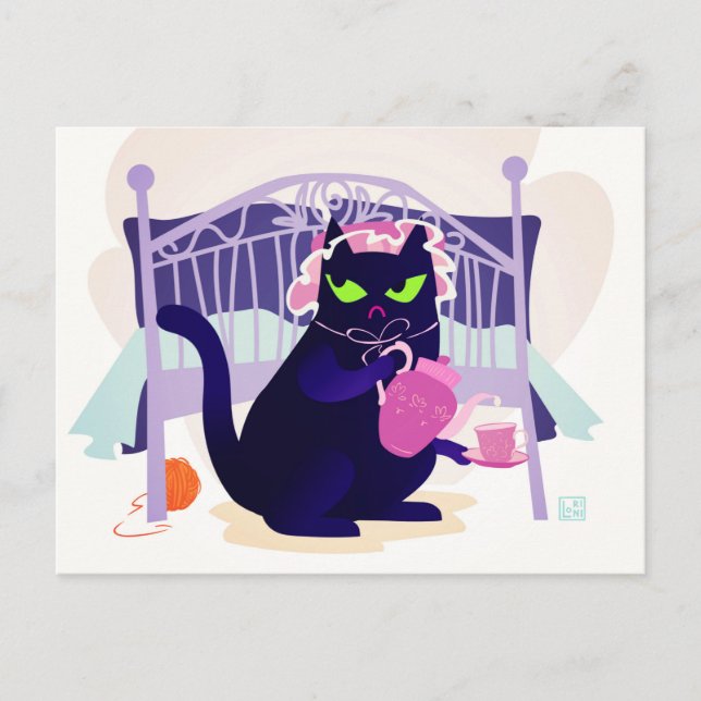 Cartão Postal Gato Preto Grumpy com boné para dormir (Frente)