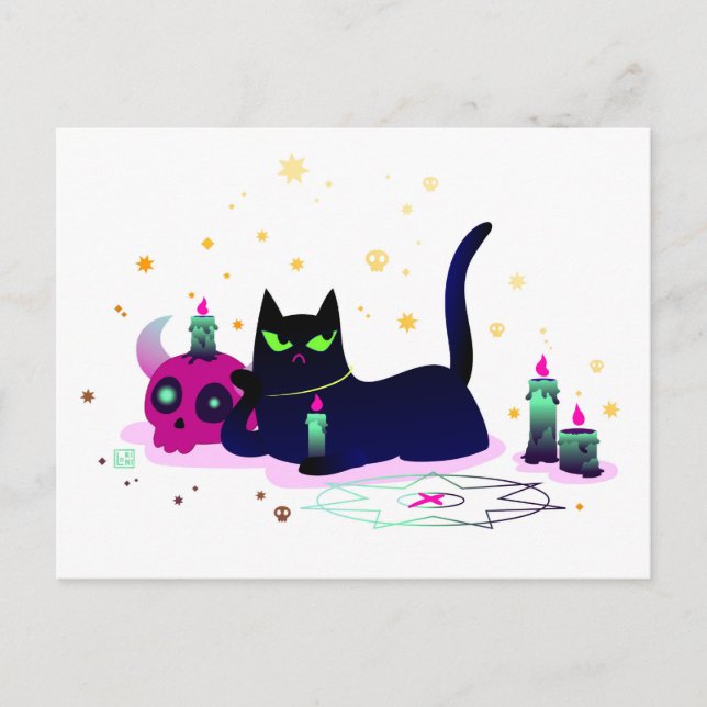 Cartão Postal Gato Preto Grumpy com crânio (Frente)