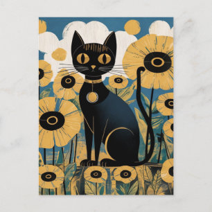 Cartão Postal Gato Preto Gustav Klimt num Jardim Flor, Arte Gato