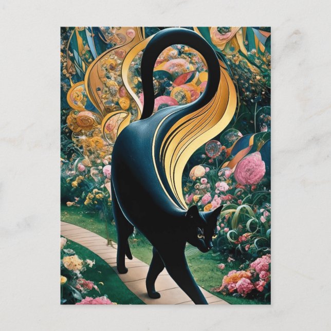 Cartão Postal Gato Preto Gustav Klimt num Jardim Flor, Arte Gato (Frente)