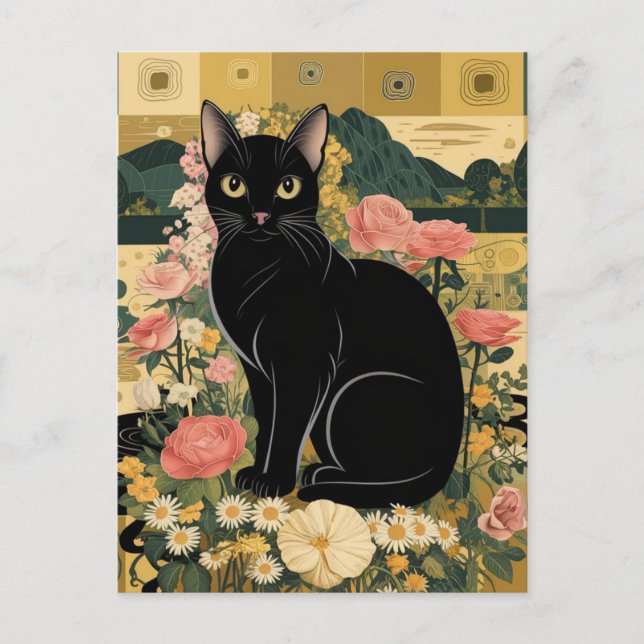 Cartão Postal Gato Preto Gustav Klimt num Jardim Flor, Arte Gato (Frente)