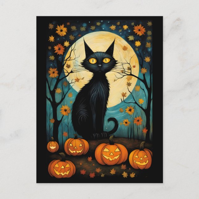 Cartão Postal Gato Preto Halloween E Pumpkin Com Lua Cheia (Frente)