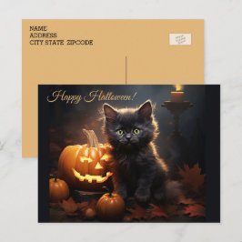 Cartão Postal Gato Preto Kitty do Dia das Bruxas, Abóboras do Ja