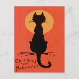 Cartão Postal Gato Preto Lua Cheia Laranja Amarelo