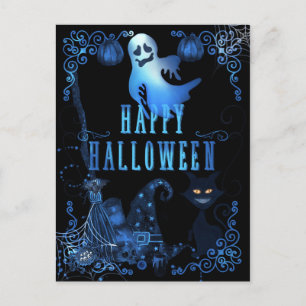 Cartão Postal Gato Preto Mágico Feliz Halloween Luzes de Brilho 