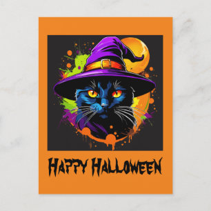 Cartão Postal Gato Preto Majestoso Colorido do Halloween