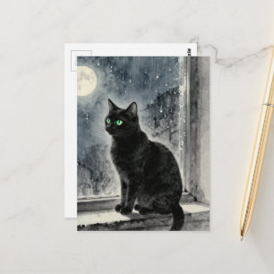 Cartão Postal Gato Preto na Janela em uma Noite Chuvosa