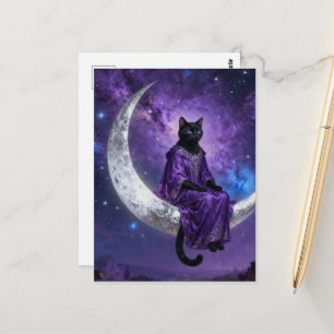 Cartão Postal Gato preto na lua crescente
