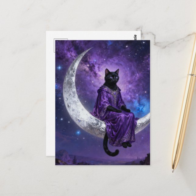Cartão Postal Gato preto na lua crescente  (Frente/Verso In Situ)