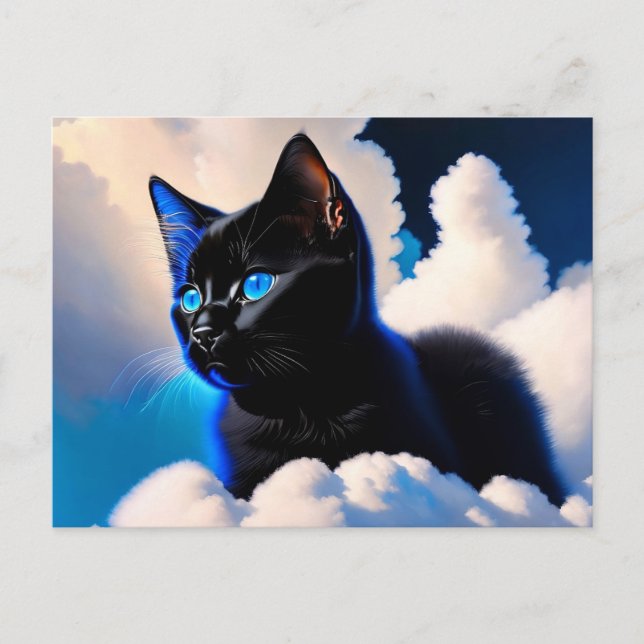 Cartão Postal gato preto nas nuvens (Frente)