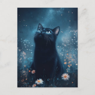 Cartão Postal Gato Preto Observando o Jardim Noturno da Nebulosa