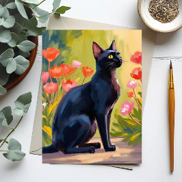 Cartão Postal Gato Preto | Pintura de Flores em Aquarela de Gati
