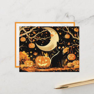 Cartão Postal Gato Preto Retro com Abóboras de Halloween