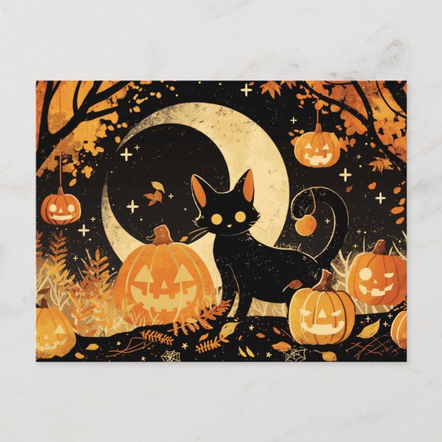 Cartão Postal Gato Preto Retro com Jack-o’-Lanterns (Frente)