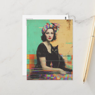 Cartão Postal Gato Preto Retro e uma Senhora Glitch