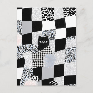 Cartão Postal Gato Preto Xadrez Misto com Estampa de Guepardo 