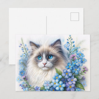 Cartão Postal Gato Ragdoll Com Não-Me-Esqueças