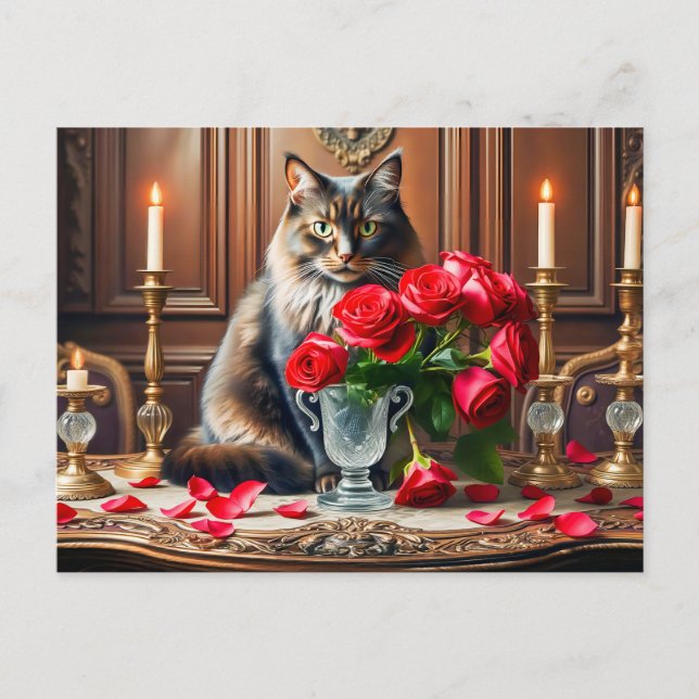 Cartão Postal Gato Romântico com Bouquets Rose (Frente)