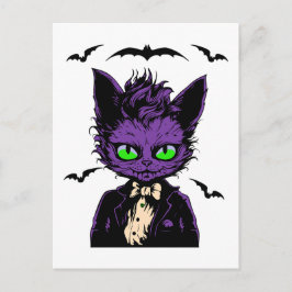 Cartão Postal Gato roxo de Halloween com Morcegos
