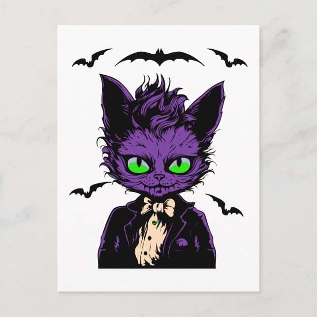 Cartão Postal Gato roxo de Halloween com Morcegos (Frente)