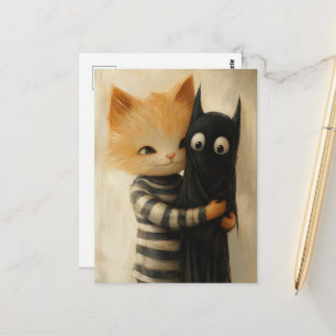 Cartão Postal Gato ruivo adorável e fantasma de gatinho preto