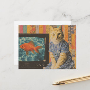 Cartão Postal Gato Ruivo Com Peixe Dourado na TV Colagem Retro