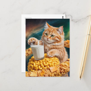 Cartão Postal Gato Ruivo Fofo Com Leite no Espaço