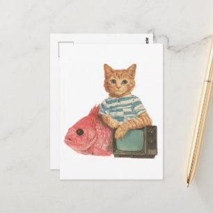 Cartão Postal Gato Ruivo Fofo Com Peixe Dourado e TV Colagem Ret