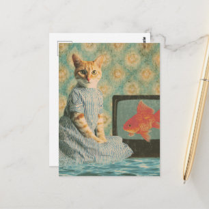 Cartão Postal Gato Ruivo Fofo Retro com Colagem de Peixe Dourado