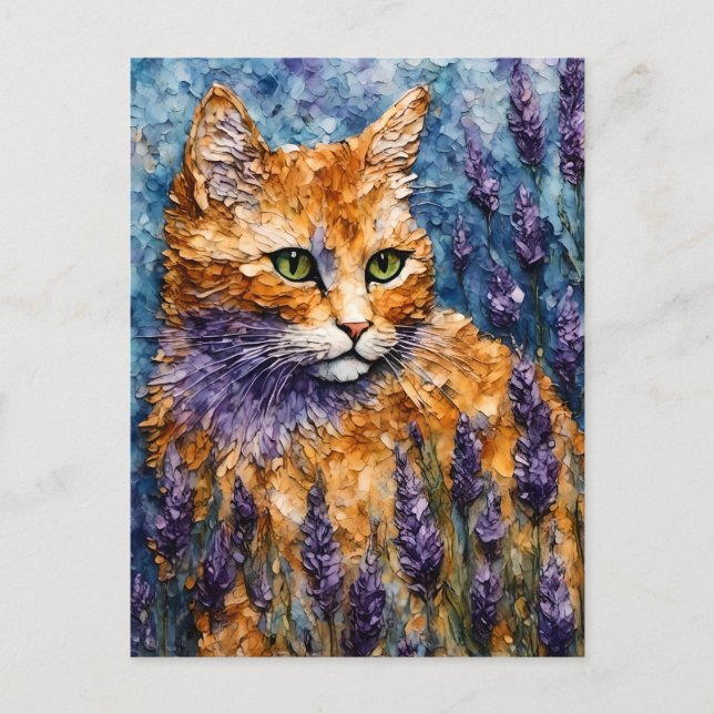 Cartão Postal gato ruivo num campo de lavanda (Frente)