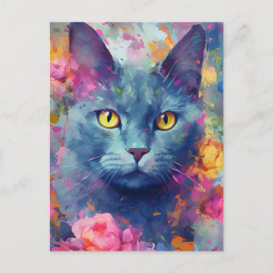 Cartão Postal Gato Russo Azul Colorido