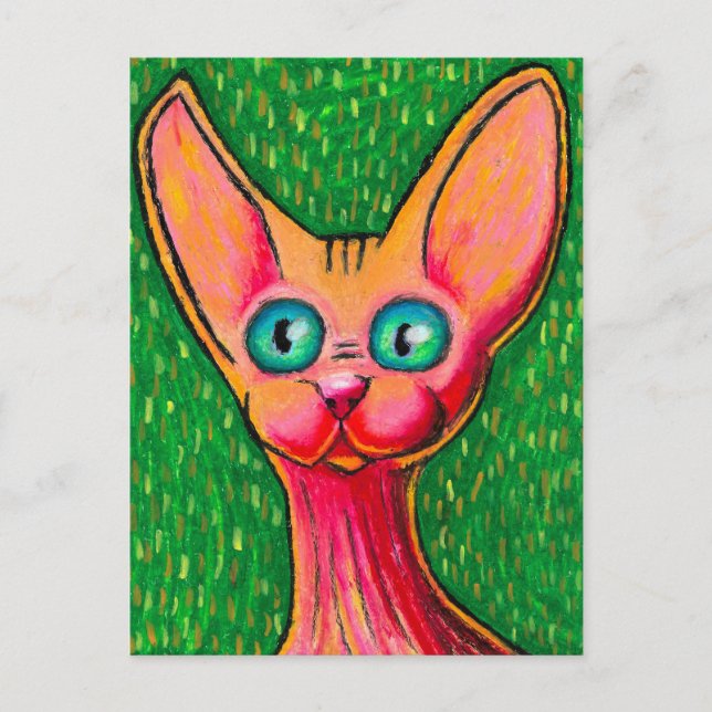 Cartão Postal Gato sem pelos feliz e curioso em pastel a óleo so (Frente)