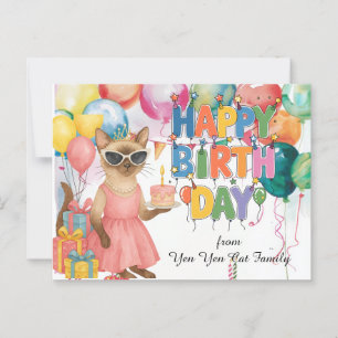 Cartão Postal Gato Siames com a inscrição Feliz Aniversário