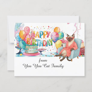 Cartão Postal Gato Siames com a inscrição Feliz Aniversário