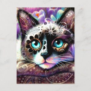 Cartão Postal Gato Siamês Croco Floral Roxo Turquesa Branco