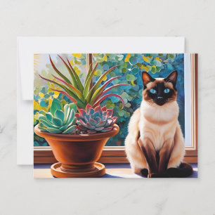 Cartão Postal Gato Siamês e Plantas Suculentas
