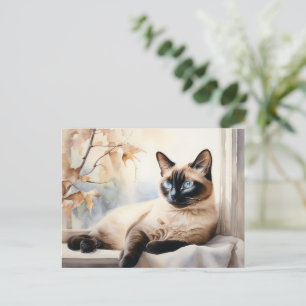 Cartão Postal Gato Siámes Elegante Aquarela