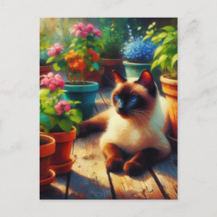 Cartão Postal Gato Siamês na Pintura do Óleo de Jardim