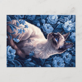 Cartão Postal Gato Siamês nas Flores Azuis