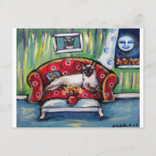 Cartão Postal Gato siamês sente sorrindo pintura de gato-da-lua