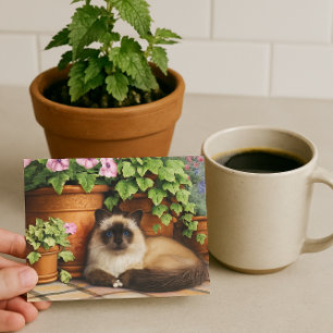 Cartão Postal Gato Siamesa Deitado ao Lado de Flores Amante de G
