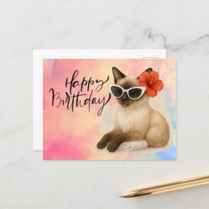Cartão Postal Gato Siamesês usa Óculos de Sol Feliz Aniversário 