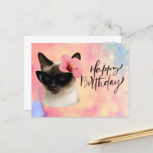 Cartão Postal Gato Siamesês usa Óculos de Sol Feliz Aniversário 