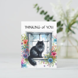 Cartão Postal Gato Siberiano Negro na Janela Aquarela Floral